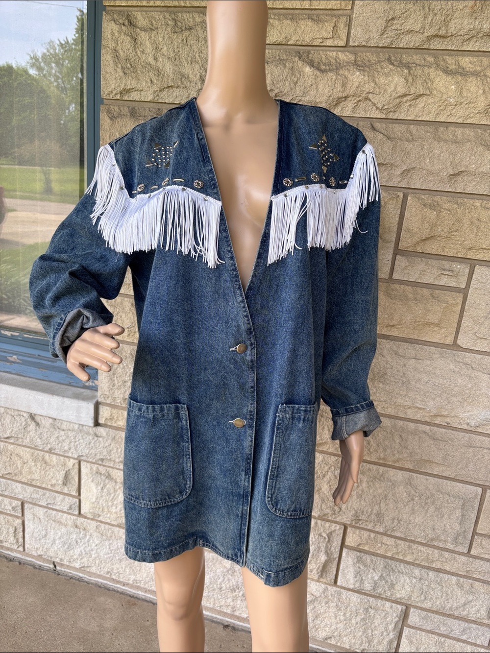 Denim Fringe Jean Jacket with Stud Embellishments - Blue